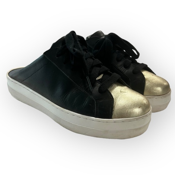 Black Leather Gold Toe Mules Sz 5.5 - Picture 2 of 10